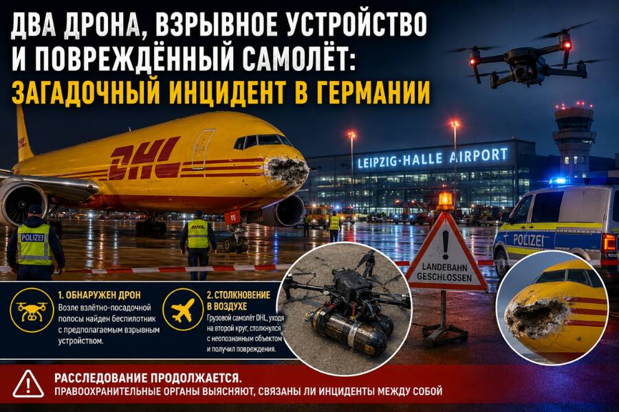Два дрона, взрывное устройство и повреждённый самолёт: загадочный инцидент расследуют в Германии