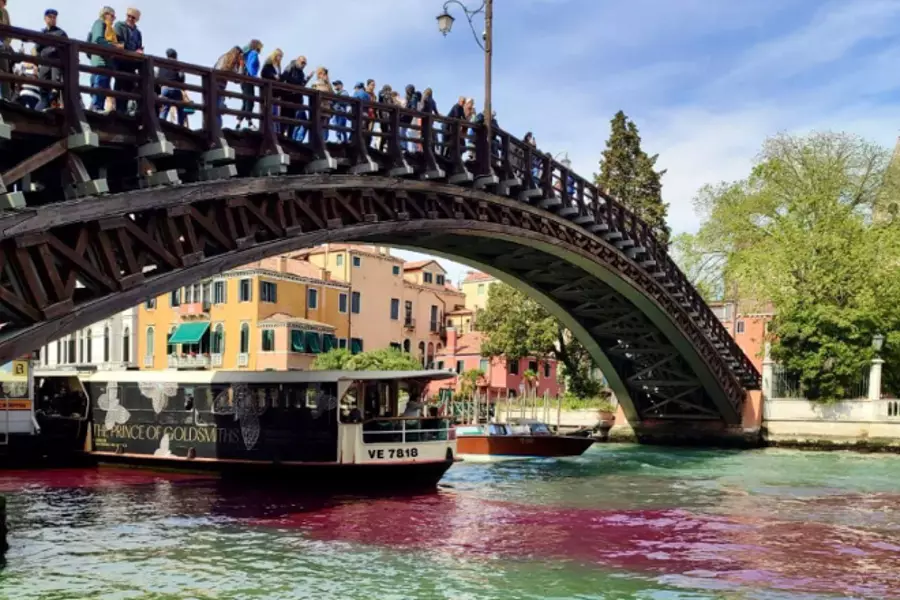 Венеция – Гранд-канал окрашен в зеленый и красный цвета, задержаны два французских туриста