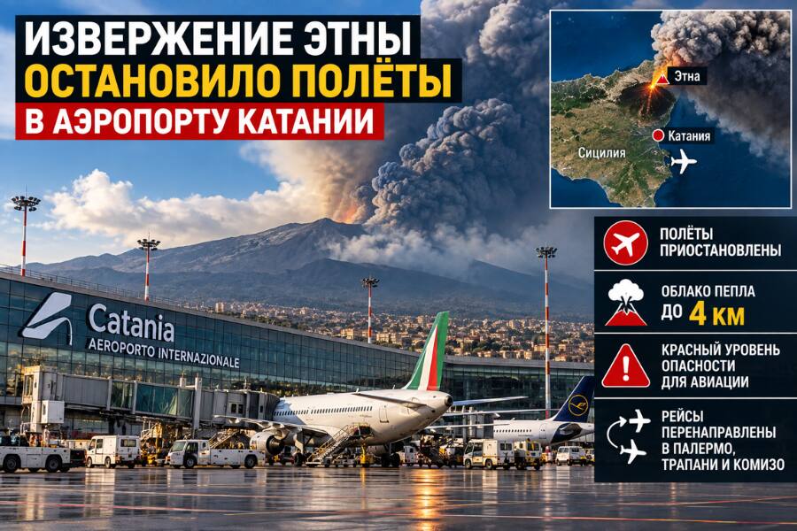 Извержение Этны остановило полёты в аэропорту Катании