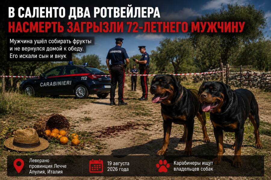 В Саленто два ротвейлера насмерть загрызли 72-летнего мужчину