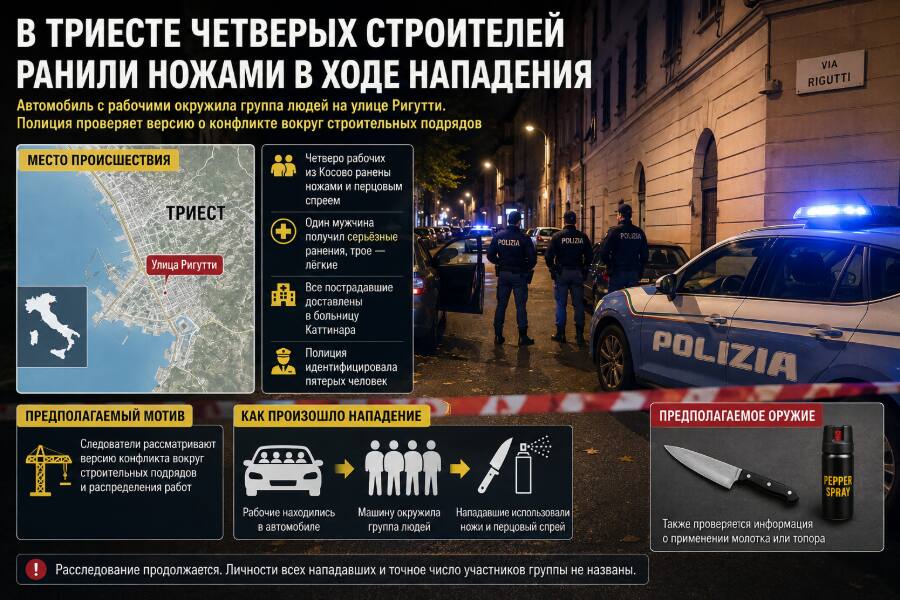 В Триесте четверых строителей ранили ножами в ходе нападения